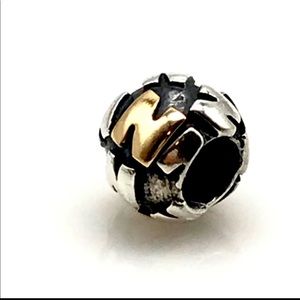 Pandora charm.  14k gold and sterling silver.  Initial N.